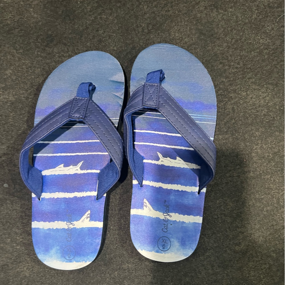 Lot- Cat and jack flip flops, Tek Gear dry T-shirt, Roblox kids hat